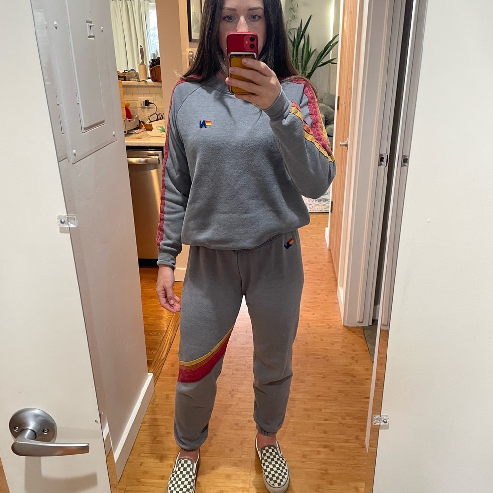 Aviator Nation Gray Sweat Set with Red and Yellow Stripes